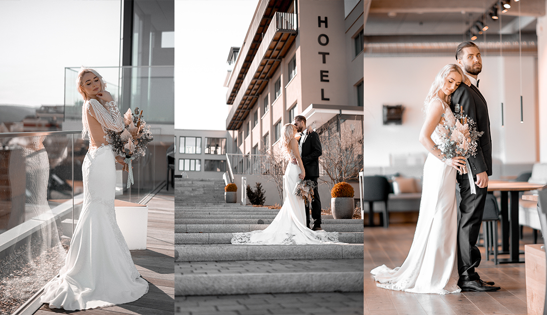 Drei Hochzeitsfotos eines Hochzeitpaares im und vor dem Hotel Federwerk